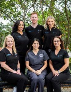 Lakeside Dental Care Doctors: Front row left to right- Dr. Catherine Schwab, Dr, Mahrufa Islam, Dr. Rubia KapustaBack row left to right- Dr. Regine Dyer, Dr. Matthew Henson, Dr. Olivia Stassen